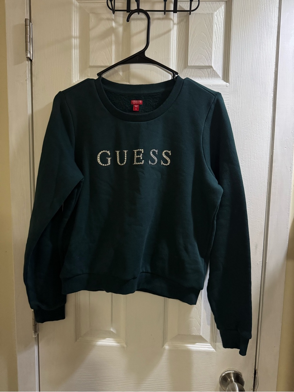 GUESS Women’s Green Rhinestone Logo Pullover Sweatshirt Size S